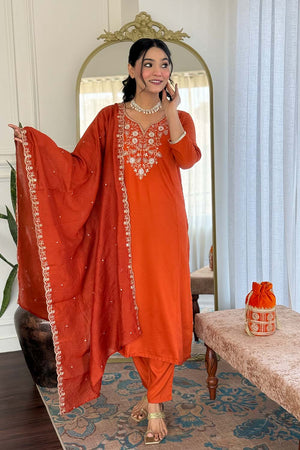 Orange Floral Printed Chinon Straight Cut Suit Set