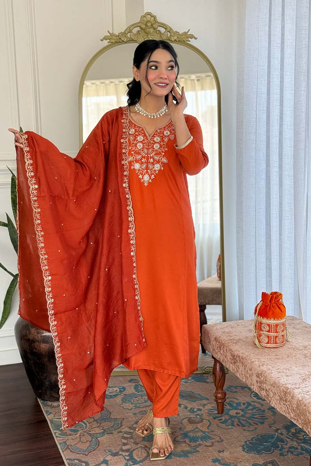 Orange Floral Printed Chinon Straight Cut Suit Set