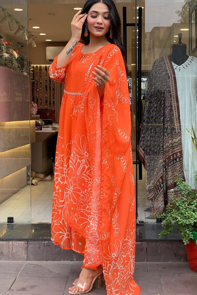 Orange Floral Printed Georgette Straight Cut Suit Set (ACZ5137)