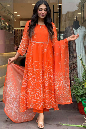 Orange Floral Printed Georgette Straight Cut Suit Set (ACZ5137)