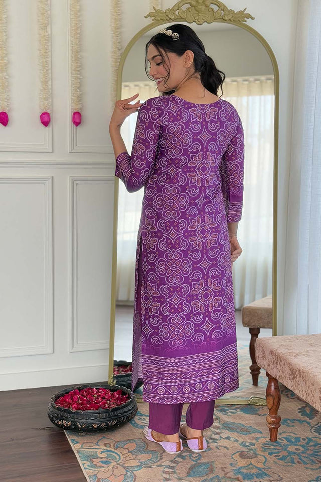 Violet Bandhani Printed Crepe Straight Cut Suit Set (ACZ5138)