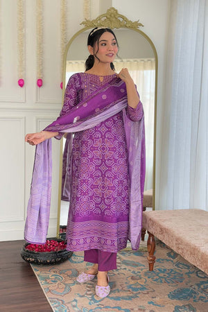 Violet Bandhani Printed Crepe Straight Cut Suit Set (ACZ5138)
