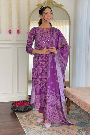 Violet Bandhani Printed Crepe Straight Cut Suit Set (ACZ5138)