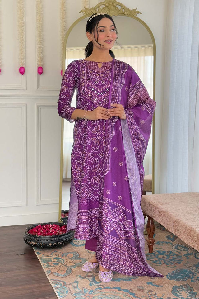 Violet Bandhani Printed Crepe Straight Cut Suit Set (ACZ5138)