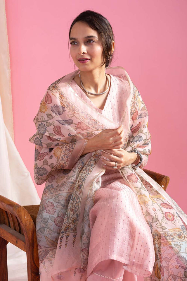 Pink Embroidered Chanderi Straight Cut Suit Set