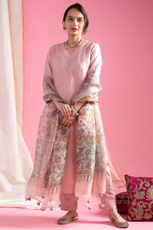 Pink Embroidered Chanderi Straight Cut Suit Set
