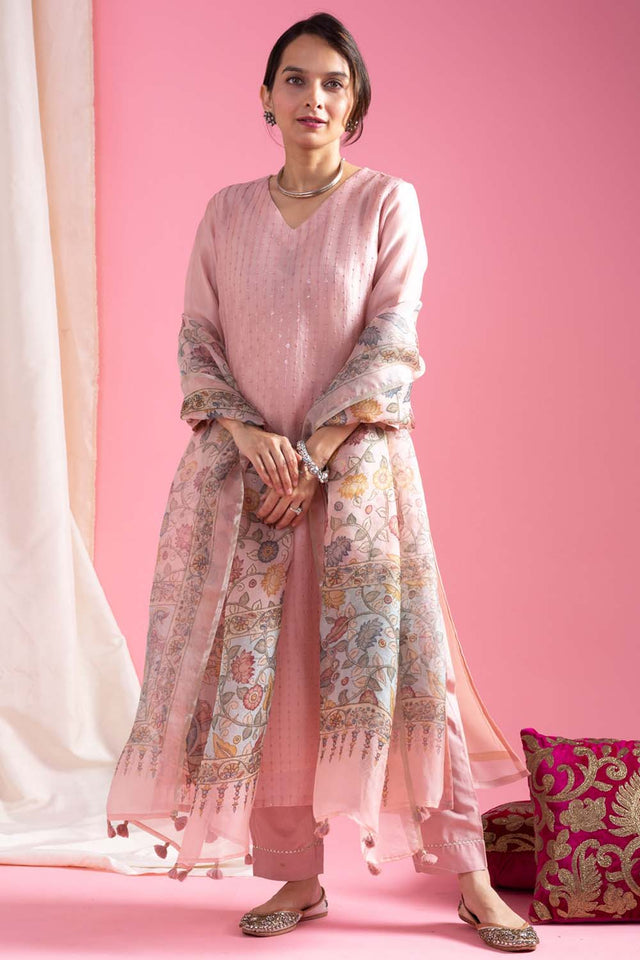 Pink Embroidered Chanderi Straight Cut Suit Set