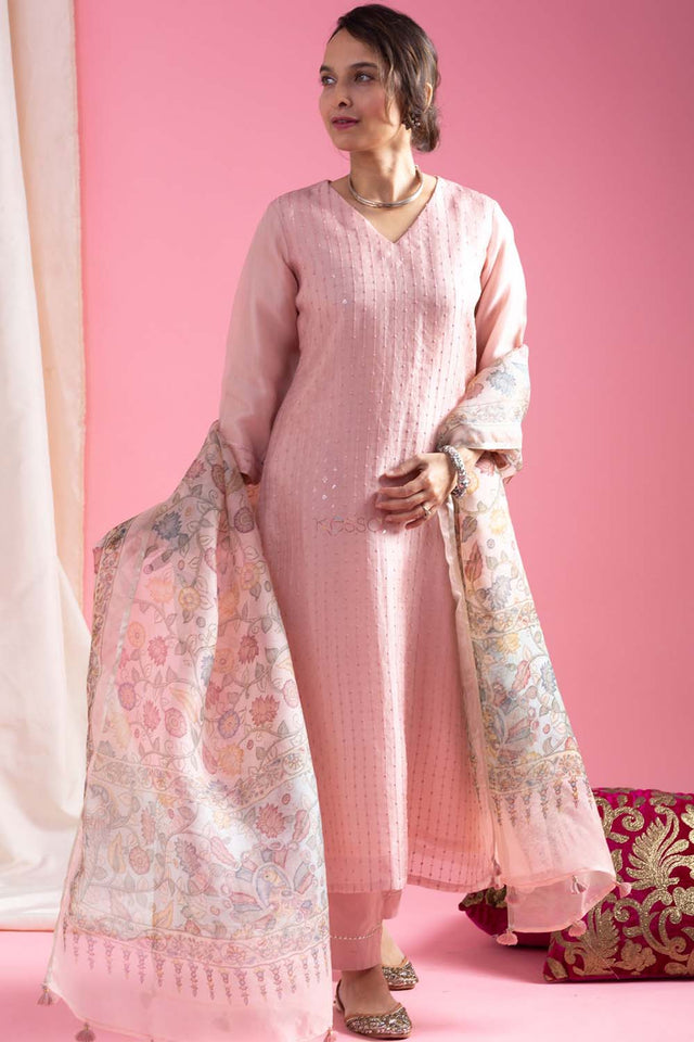 Pink Embroidered Chanderi Straight Cut Suit Set
