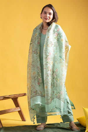 Green Floral Printed Chanderi Straight Cut Suit Set