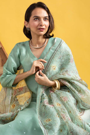 Green Floral Printed Chanderi Straight Cut Suit Set