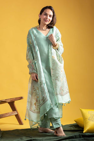 Green Floral Printed Chanderi Straight Cut Suit Set