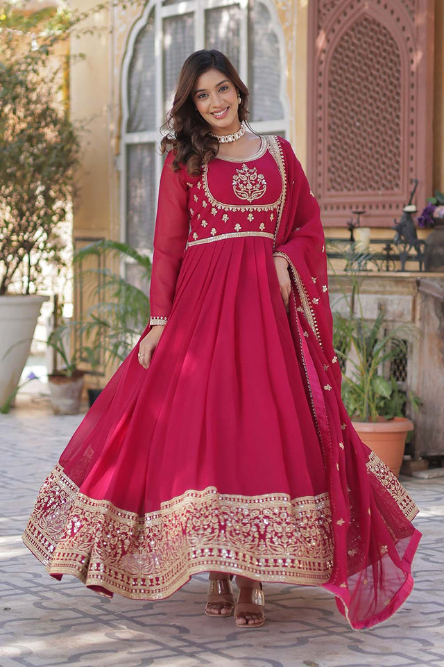 Pink Sequin with Embroidered Georgette Gown