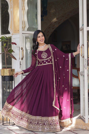 Red Sequin with Embroidered Georgette Gown (ACZ5142)