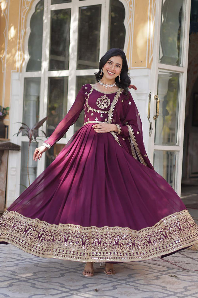 Red Sequin with Embroidered Georgette Gown (ACZ5142)