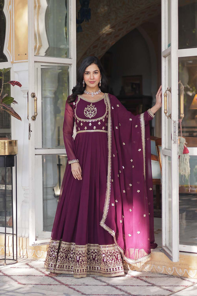 Red Sequin with Embroidered Georgette Gown (ACZ5142)