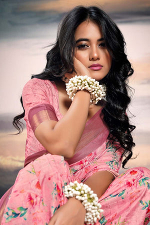 Pink Floral Printed Silk Saree (ACZ5297)