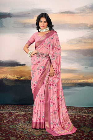 Pink Floral Printed Silk Saree (ACZ5297)