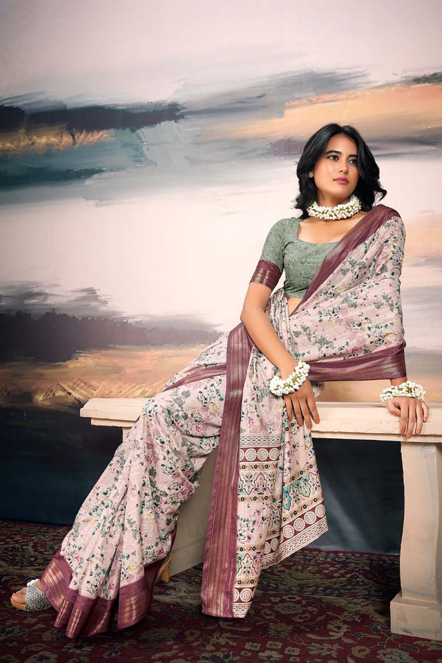 Violet Floral Printed Silk Saree (ACZ5299)