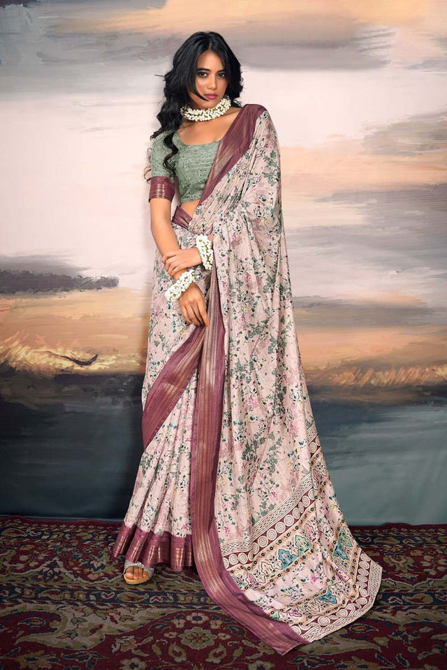Violet Floral Printed Silk Saree (ACZ5299)