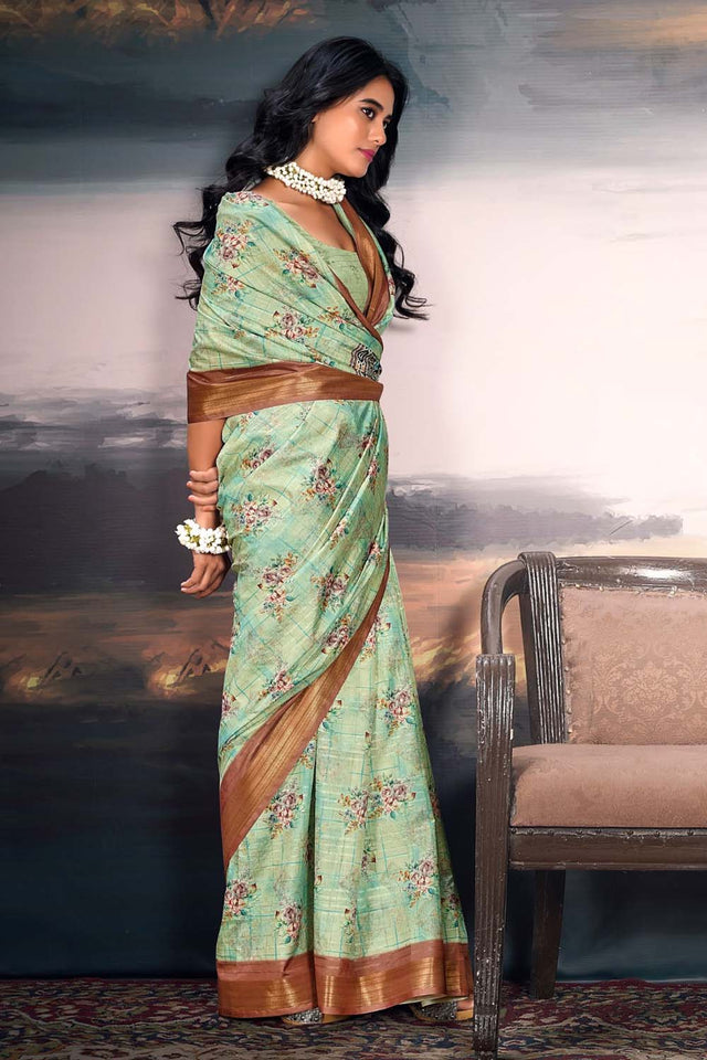 Green Floral Printed Silk Saree (ACZ5301)