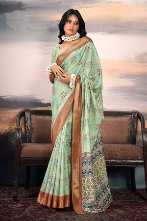 Green Floral Printed Silk Saree (ACZ5301)