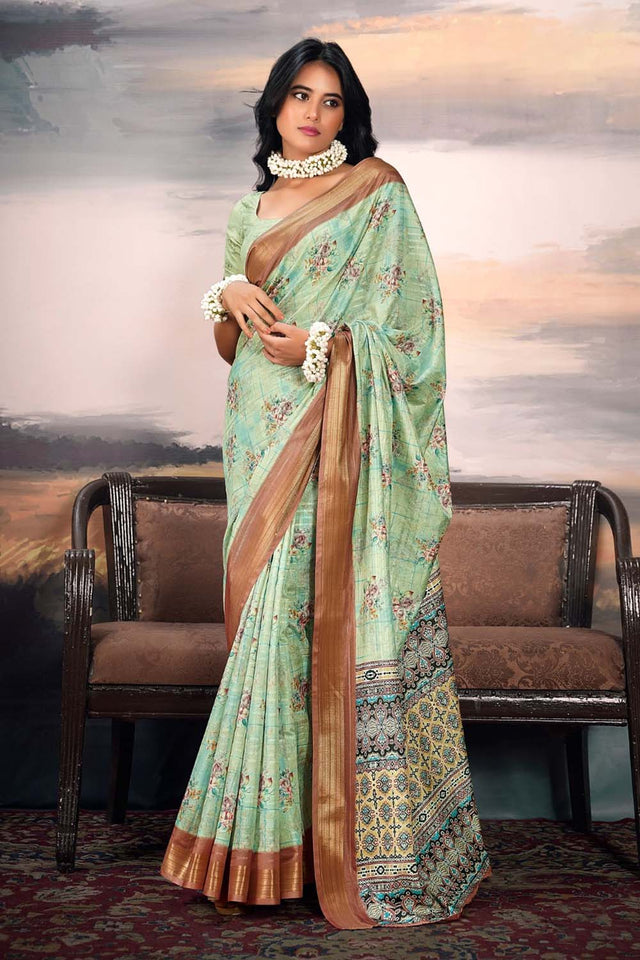 Green Floral Printed Silk Saree (ACZ5301)