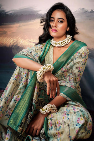 Turquoise Floral Printed Silk Saree (ACZ5302)