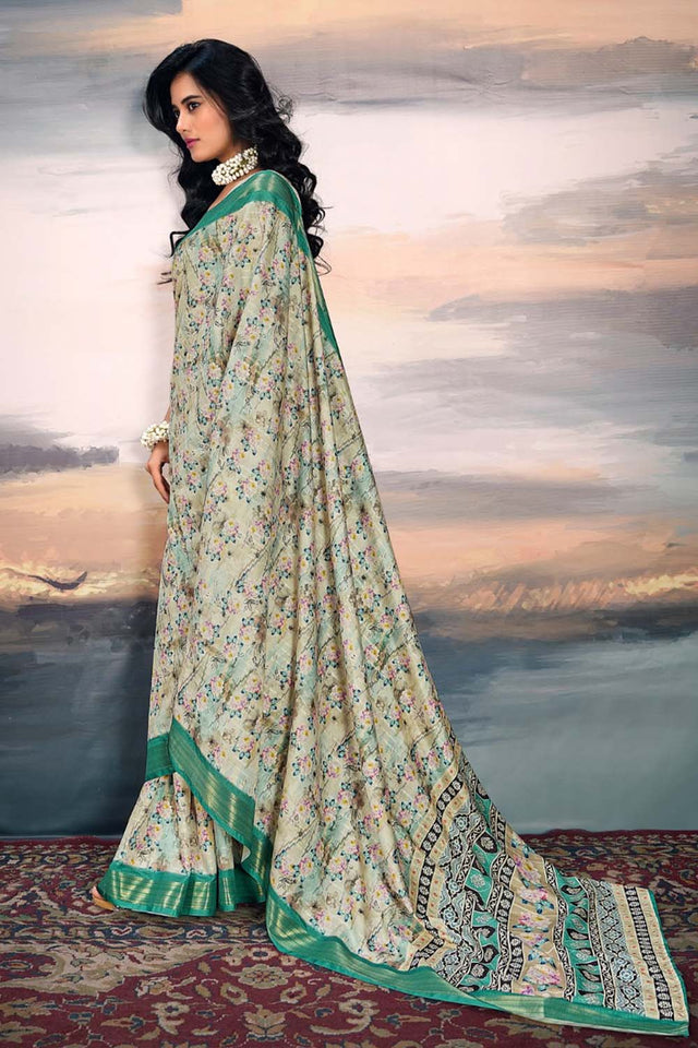 Turquoise Floral Printed Silk Saree (ACZ5302)