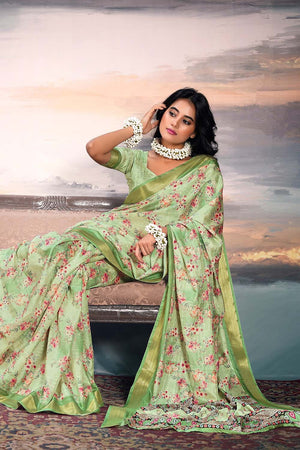 Green Floral Printed Silk Saree (ACZ5303)