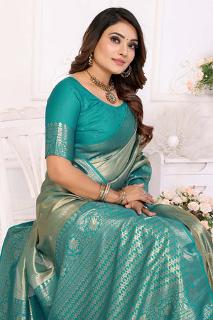 Turquoise Woven Tissue Saree