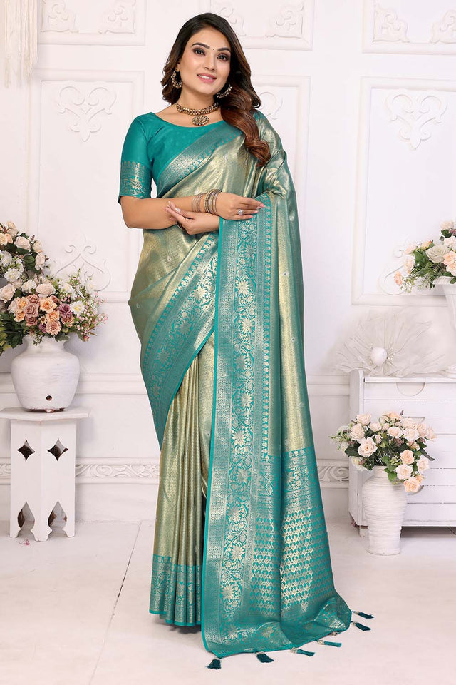 Turquoise Woven Tissue Saree