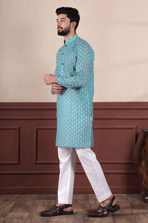 Blue Printed Linen Men's Kurta Set
