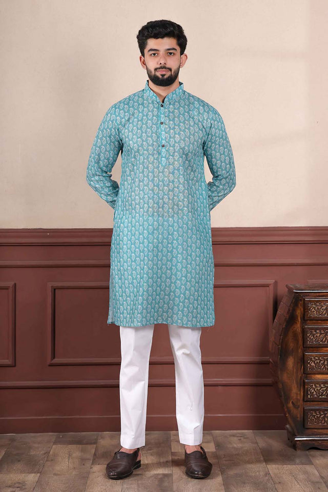 Blue Printed Linen Men's Kurta Set