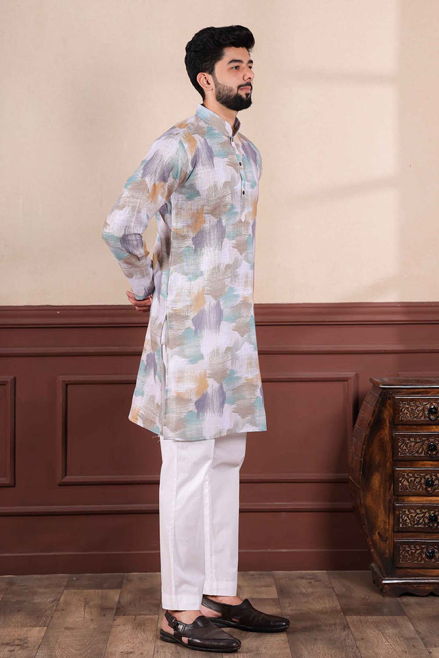 Multi-Color Printed Linen Men's Kurta Set