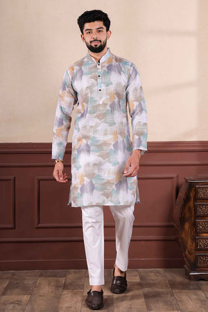 Multi-Color Printed Linen Men's Kurta Set