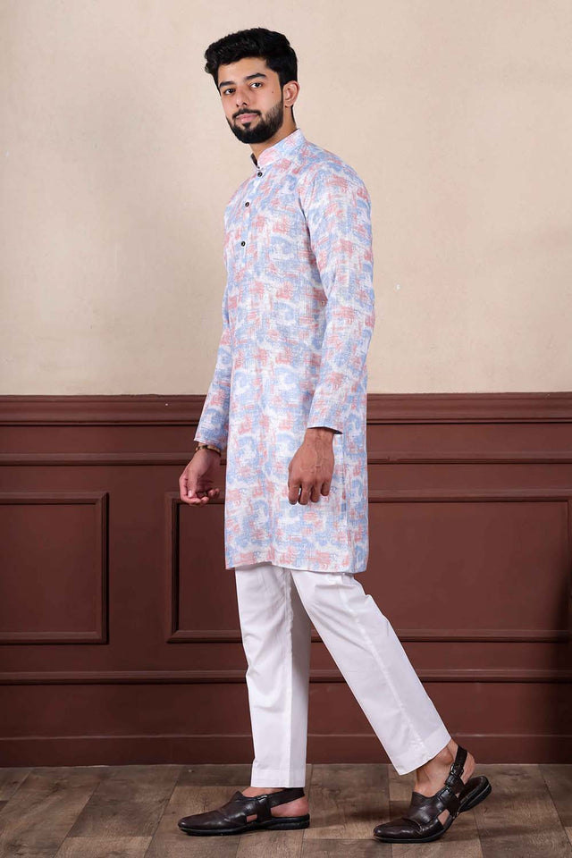 Violet Printed Linen Men's Kurta Set