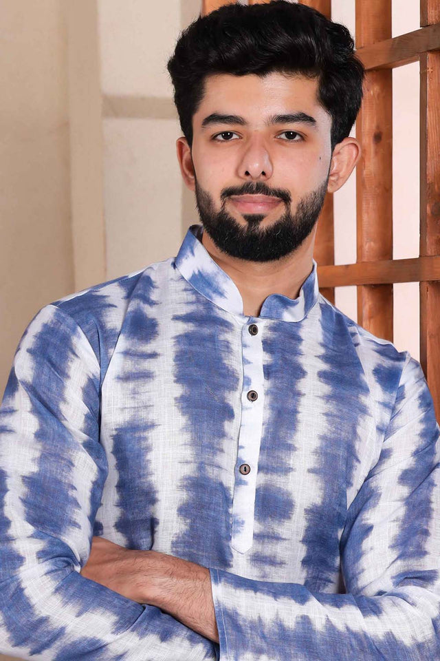 Blue Printed Linen Men's Kurta Set (ACZ5430)