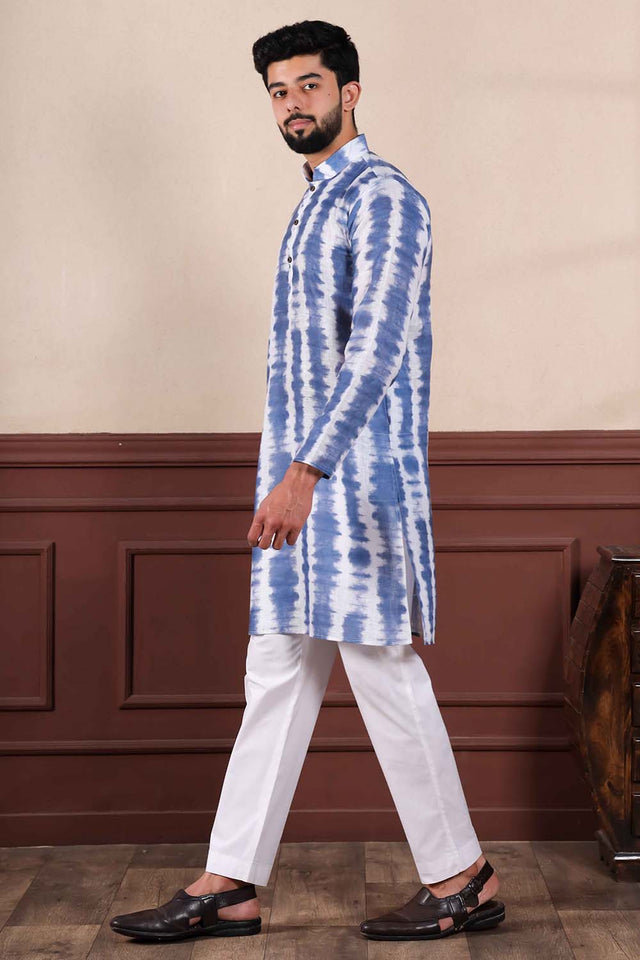 Blue Printed Linen Men's Kurta Set (ACZ5430)