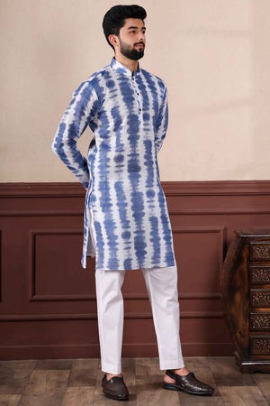 Blue Printed Linen Men's Kurta Set (ACZ5430)