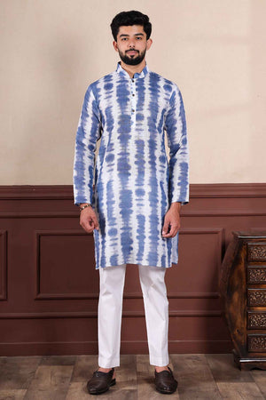 Blue Printed Linen Men's Kurta Set (ACZ5430)