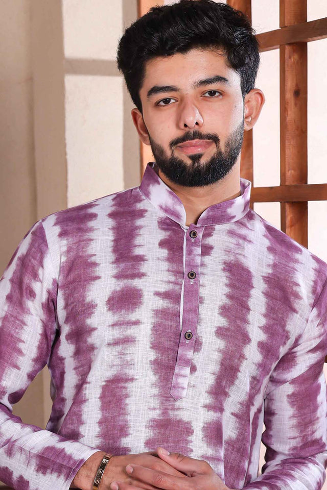 Red Printed Linen Men's Kurta Set