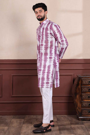 Red Printed Linen Men's Kurta Set