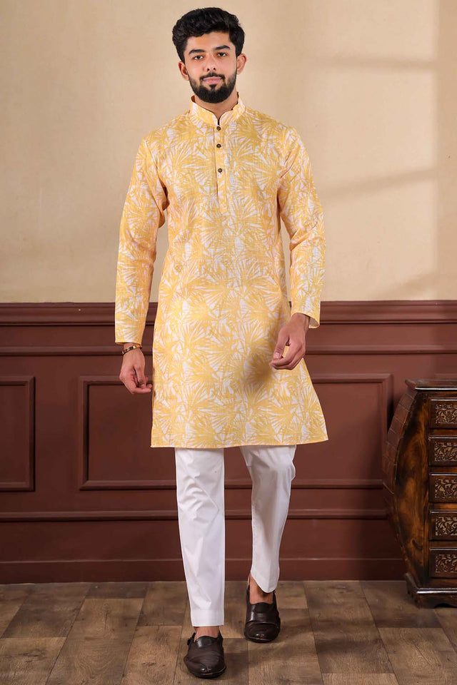 Yellow Printed Linen Men's Kurta Set