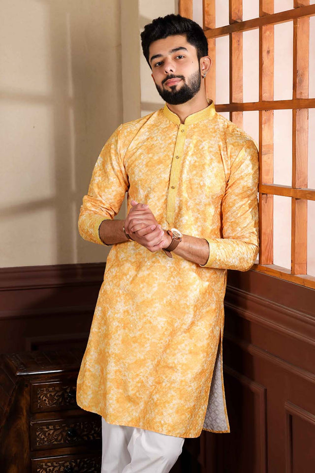 Yellow Abstract Printed Cotton Men's Kurta Set (ACZ5439)