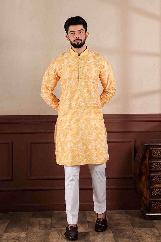 Yellow Abstract Printed Cotton Men's Kurta Set (ACZ5439)