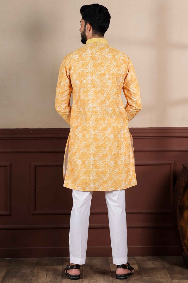Yellow Abstract Printed Cotton Men's Kurta Set (ACZ5439)