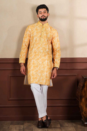 Yellow Abstract Printed Cotton Men's Kurta Set (ACZ5439)