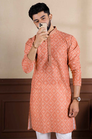 Orange Printed Cotton Men's Kurta Set (ACZ5440)