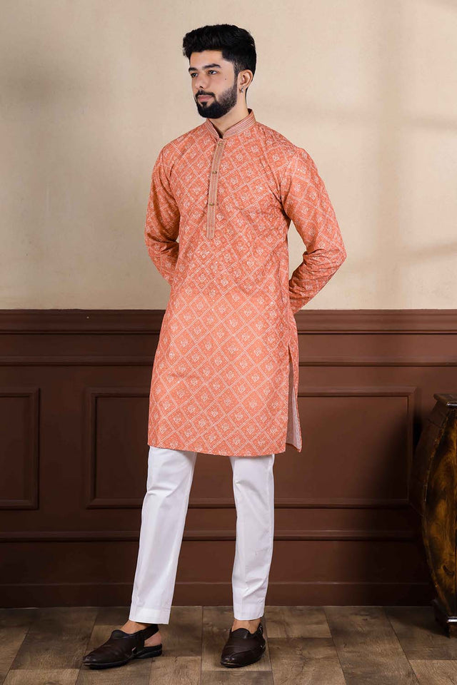 Orange Printed Cotton Men's Kurta Set (ACZ5440)