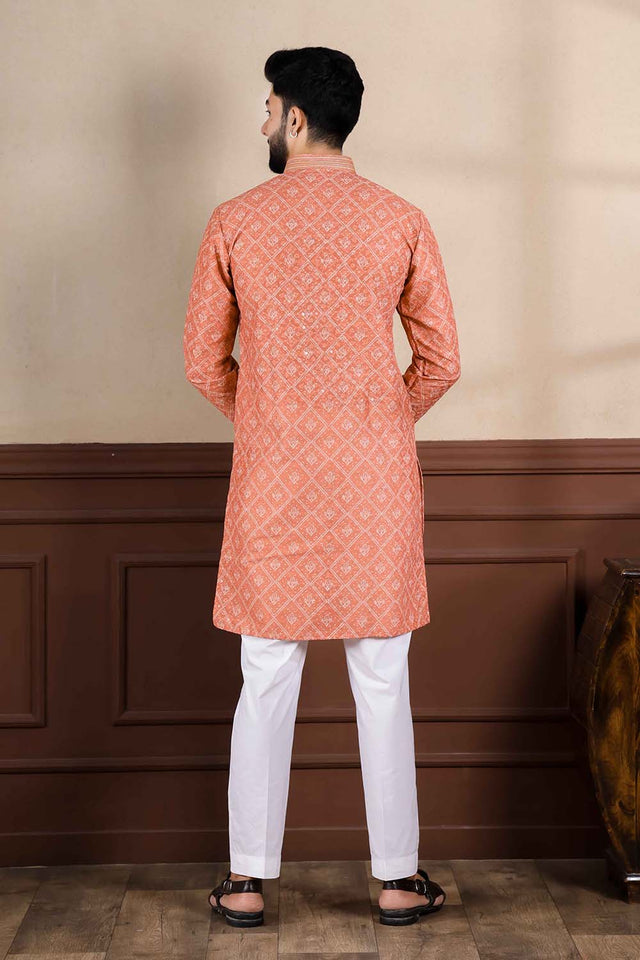 Orange Printed Cotton Men's Kurta Set (ACZ5440)